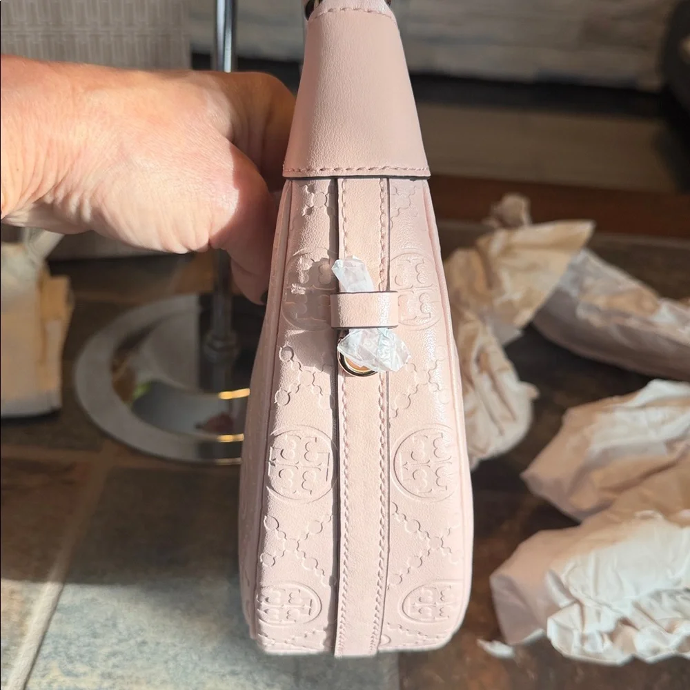Tory Burch T Monogram Leather Crescent Bag - Blush - Picture 7 of 11